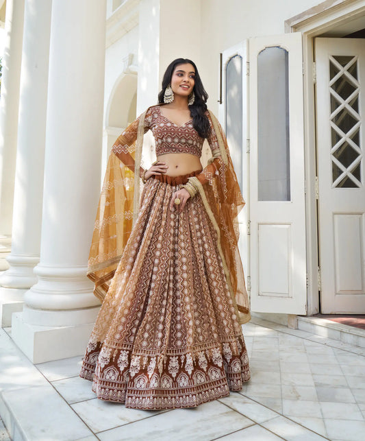 Brown Net Lehenga Choli With Cotton Thread Work & Sequence Embroidery Work