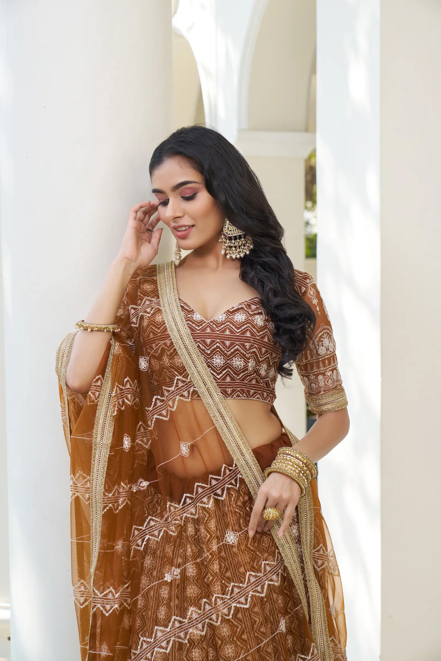 Brown Net Lehenga Choli With Cotton Thread Work & Sequence Embroidery Work