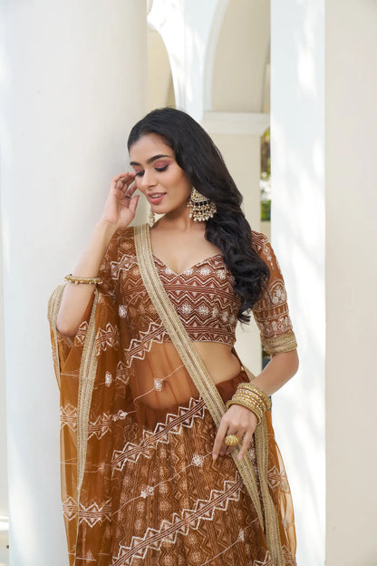 Brown Net Lehenga Choli With Cotton Thread Work & Sequence Embroidery Work