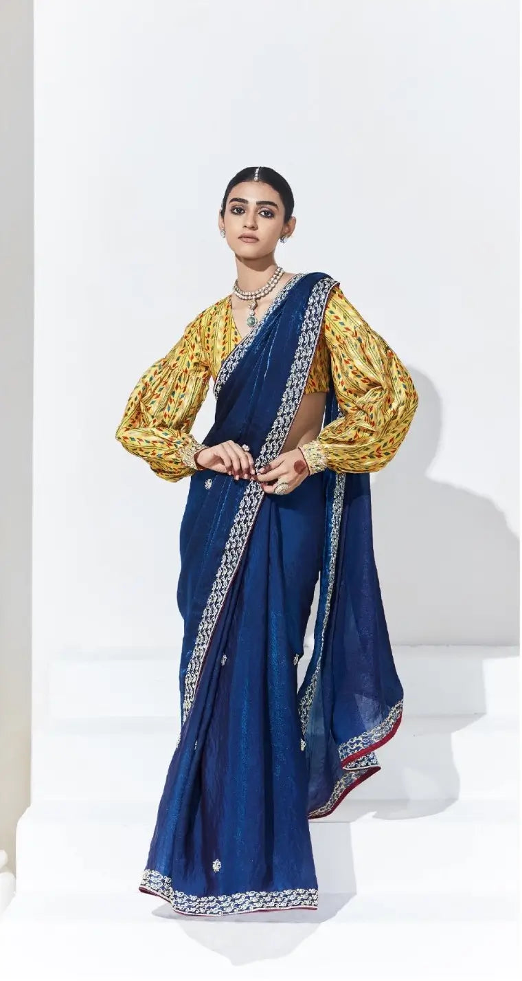 Blue Glass Organza Saree With Digital Print,  Sequence & Thread Embroidery Work