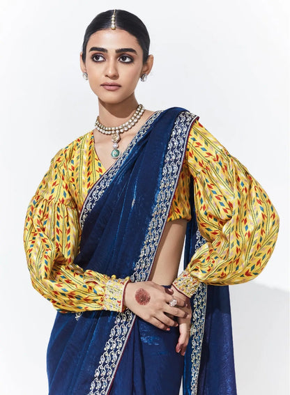Blue Glass Organza Saree With Digital Print,  Sequence & Thread Embroidery Work