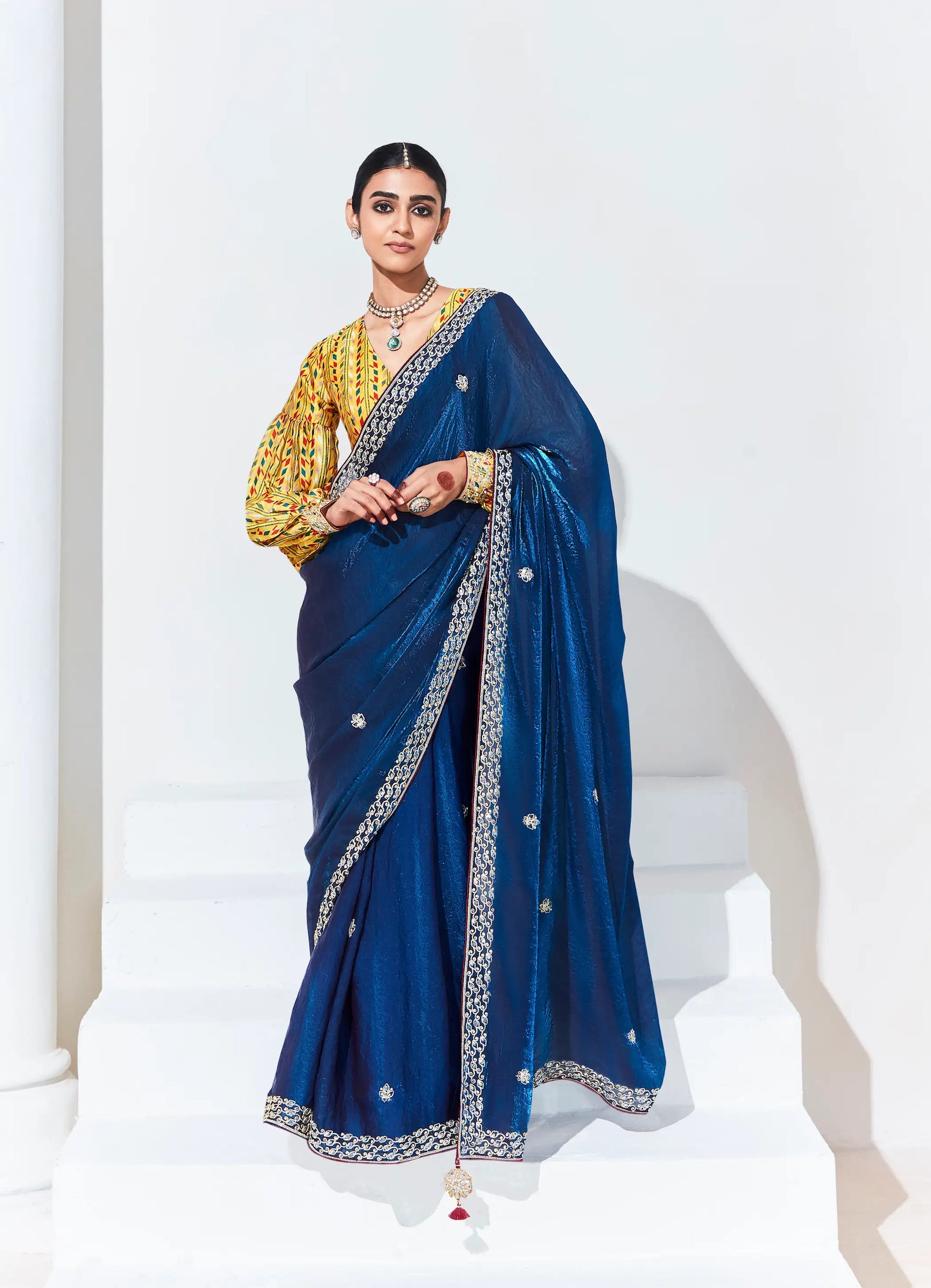 Blue Glass Organza Saree With Digital Print,  Sequence & Thread Embroidery Work