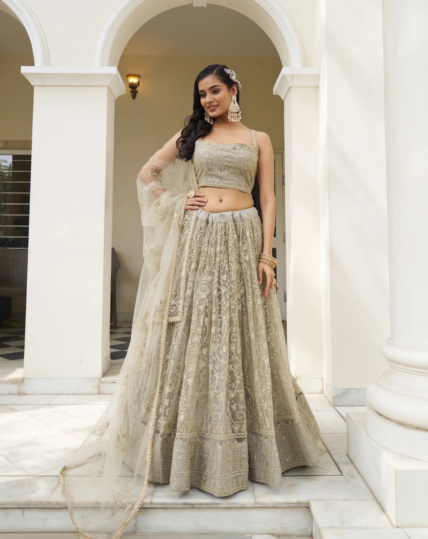Ivory Net Lehenga Choli With Cotton Thread Work & Sequence Embroidery Work