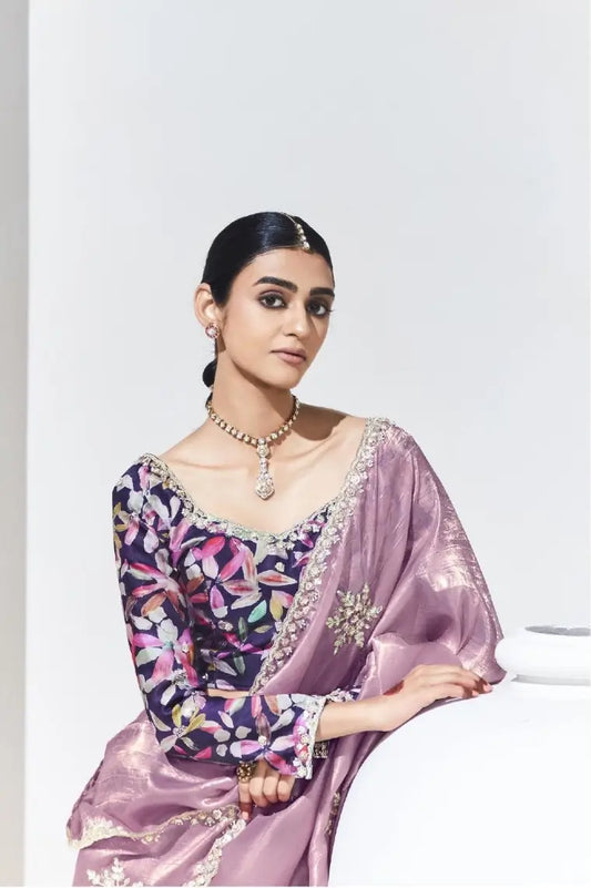 Dusty Pink Glass Organza Saree With Digital Print,  Sequence & Thread Embroidery Work