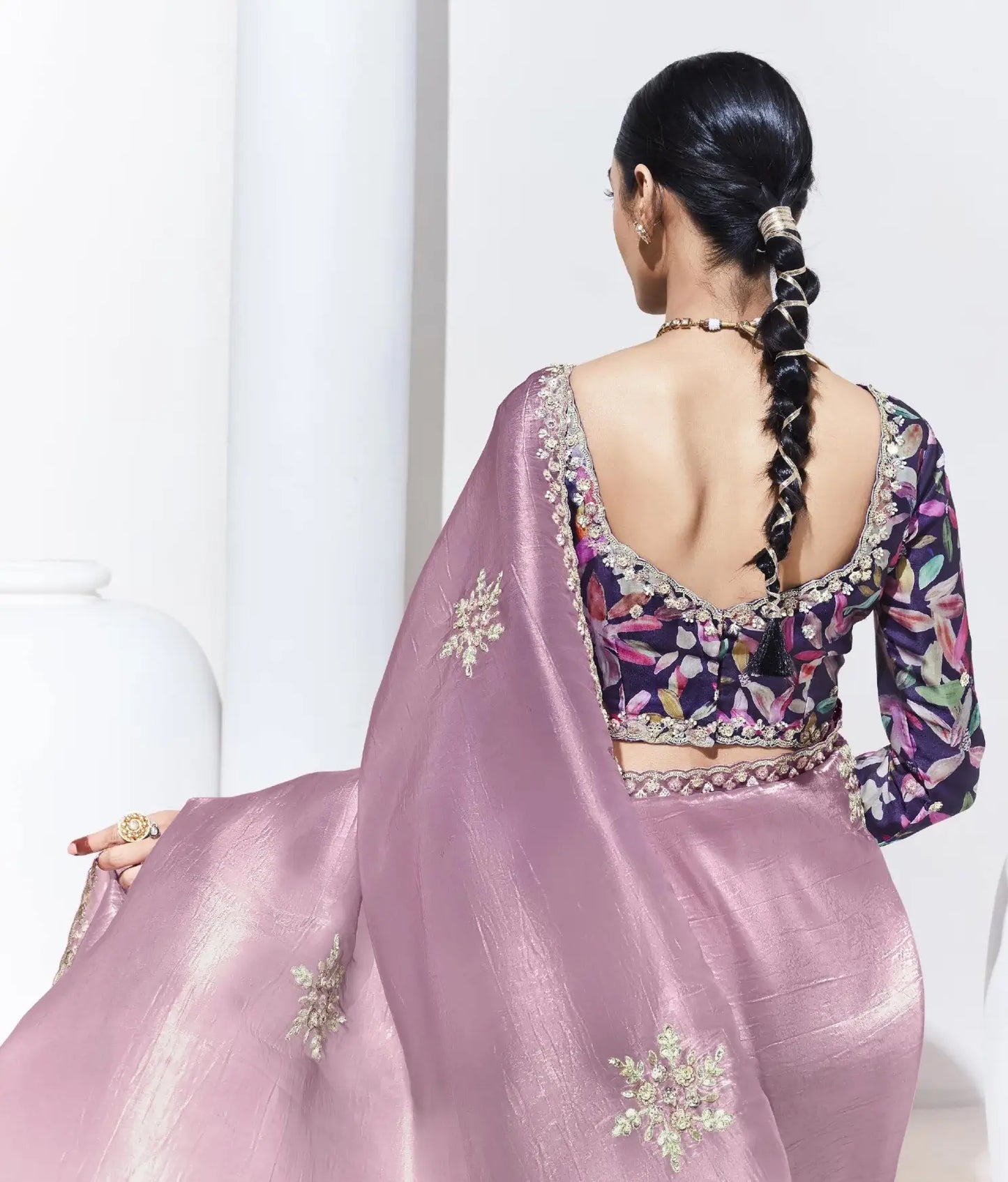 Dusty Pink Glass Organza Saree With Digital Print,  Sequence & Thread Embroidery Work