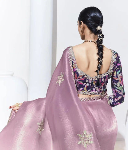 Dusty Pink Glass Organza Saree With Digital Print,  Sequence & Thread Embroidery Work