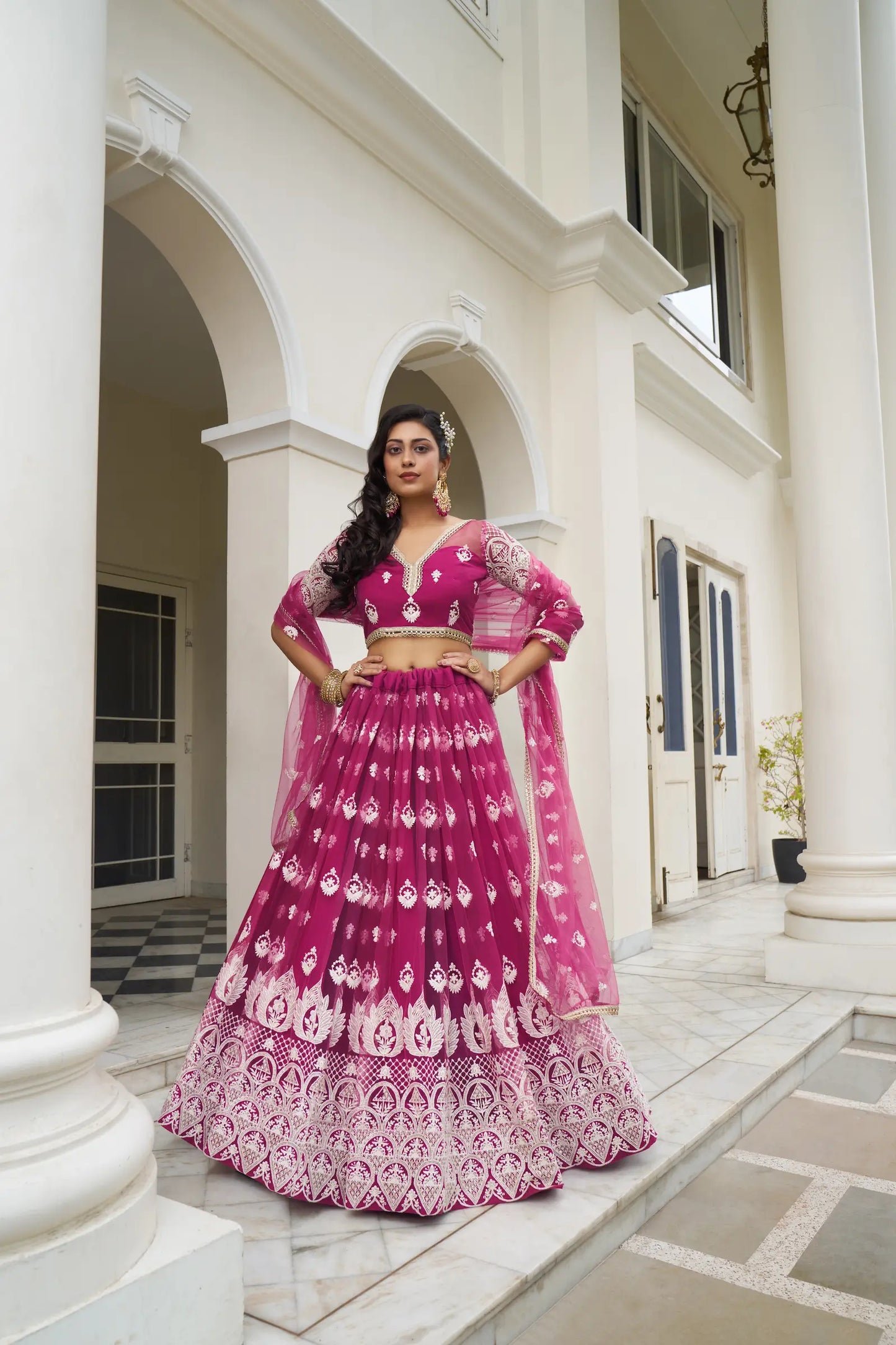 Dark Pink Net Lehenga Choli With Cotton Thread Work & Sequence Embroidery Work