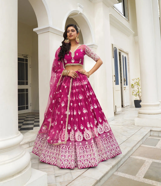 Dark Pink Net Lehenga Choli With Cotton Thread Work & Sequence Embroidery Work