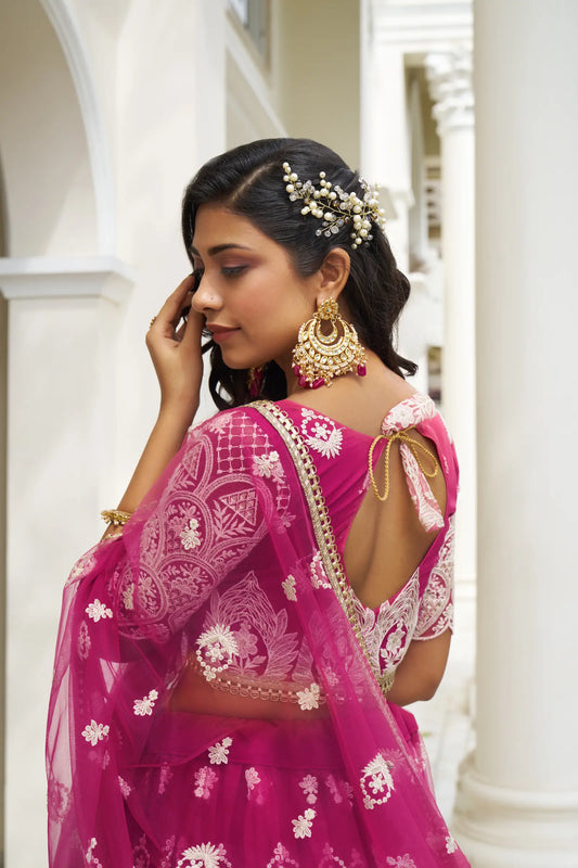 Dark Pink Net Lehenga Choli With Cotton Thread Work & Sequence Embroidery Work