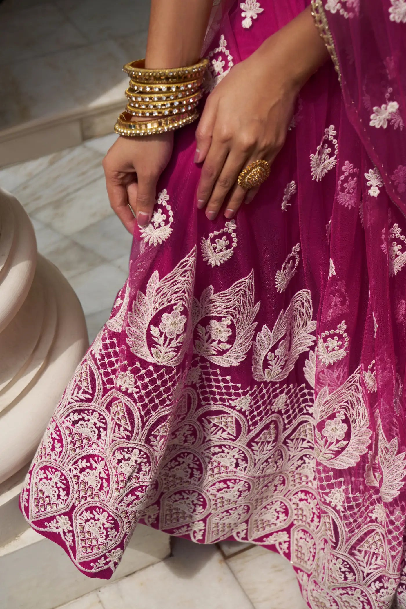 Dark Pink Net Lehenga Choli With Cotton Thread Work & Sequence Embroidery Work