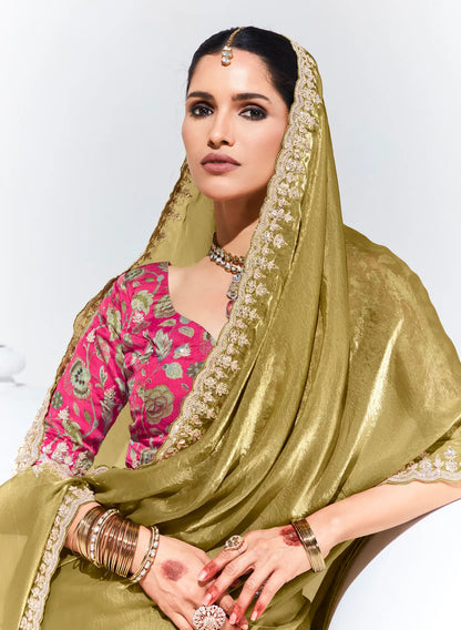 Olive Green Glass Organza Saree With Digital Print,  Sequence & Thread Embroidery Work