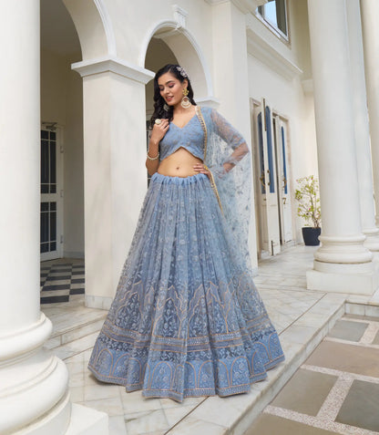 Blue Grey Net Lehenga Choli With Cotton Thread Work & Sequence Embroidery Work