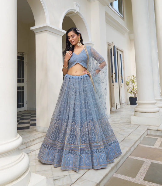 Blue Grey Net Lehenga Choli With Cotton Thread Work & Sequence Embroidery Work