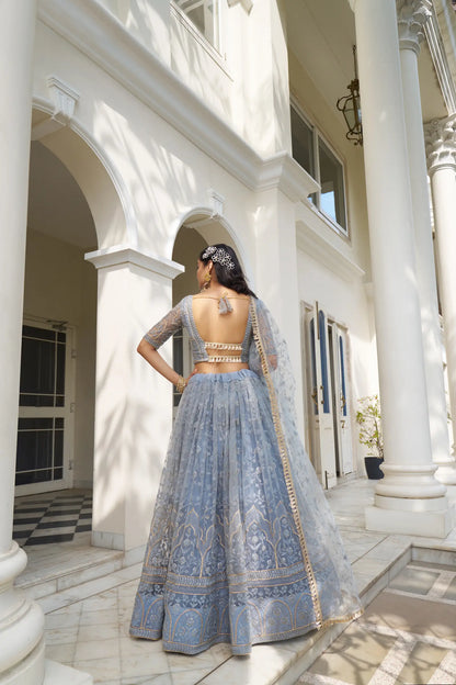 Blue Grey Net Lehenga Choli With Cotton Thread Work & Sequence Embroidery Work