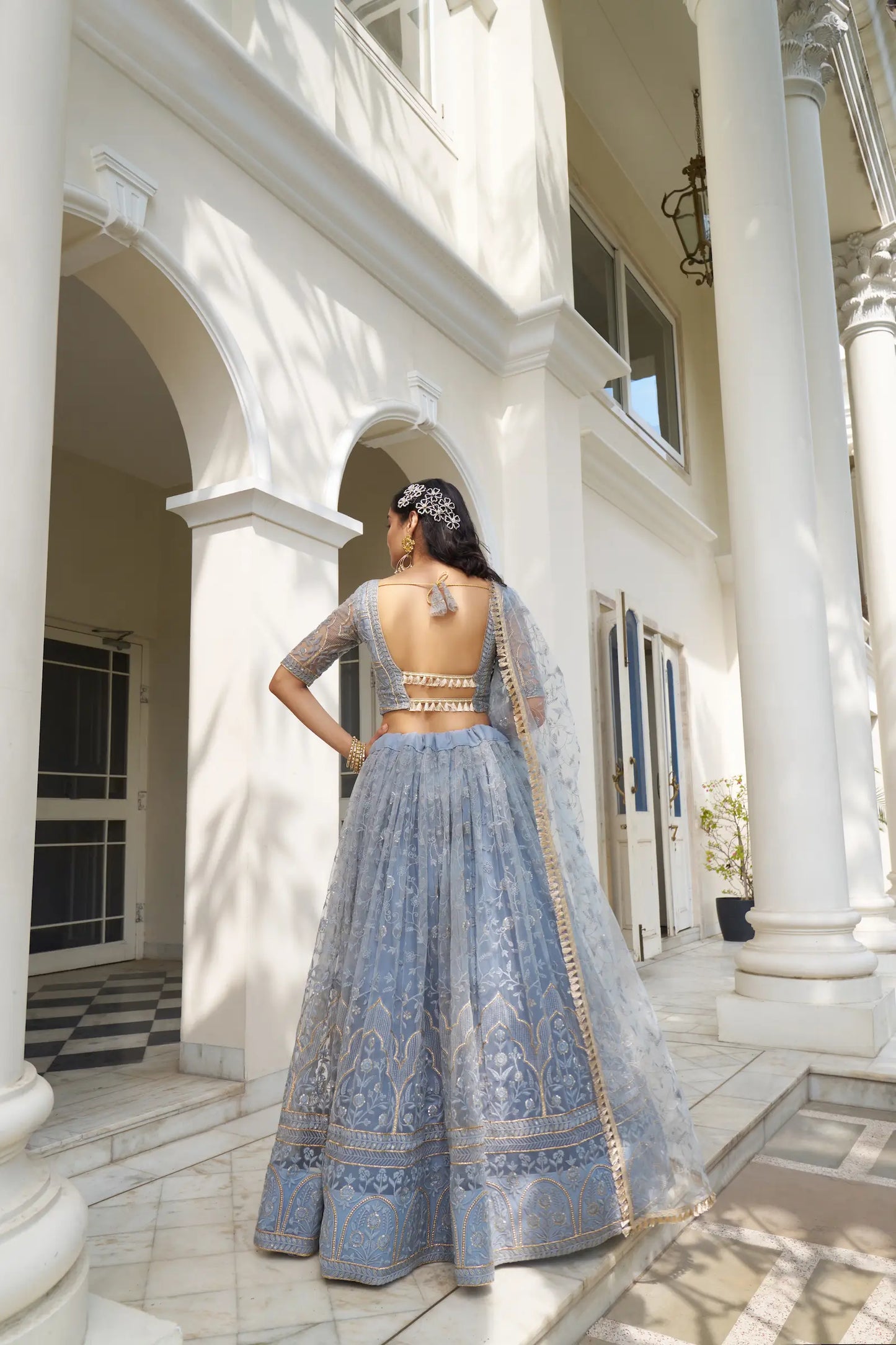 Blue Grey Net Lehenga Choli With Cotton Thread Work & Sequence Embroidery Work