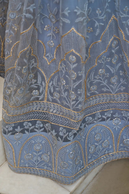 Blue Grey Net Lehenga Choli With Cotton Thread Work & Sequence Embroidery Work