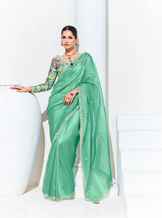 Pista Green Glass Organza Saree With Digital Print,  Sequence & Thread Embroidery Work