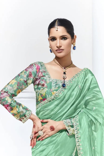Pista Green Glass Organza Saree With Digital Print,  Sequence & Thread Embroidery Work