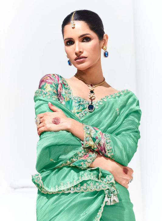 Pista Green Glass Organza Saree With Digital Print,  Sequence & Thread Embroidery Work