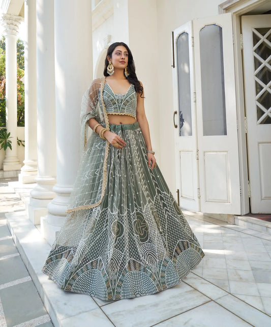 Dusty Green Net Lehenga Choli With Cotton Thread Work & Sequence Embroidery Work