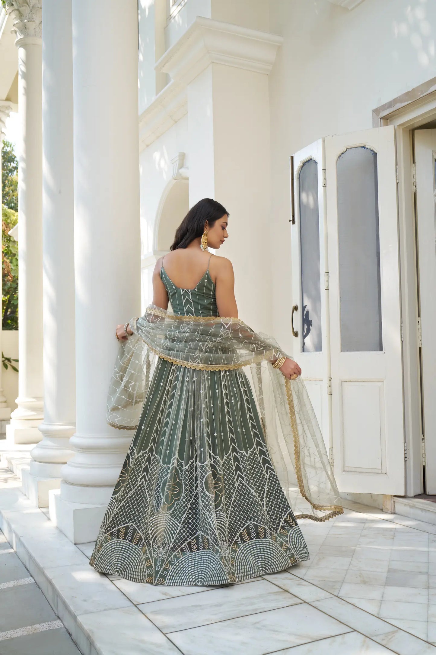 Dusty Green Net Lehenga Choli With Cotton Thread Work & Sequence Embroidery Work