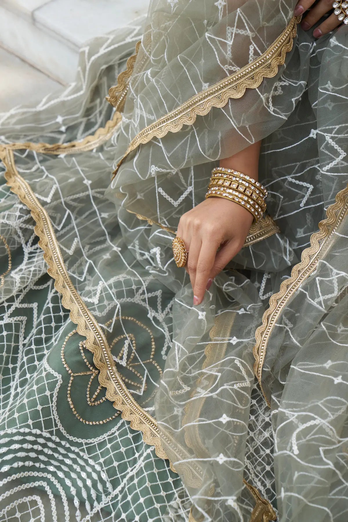Dusty Green Net Lehenga Choli With Cotton Thread Work & Sequence Embroidery Work