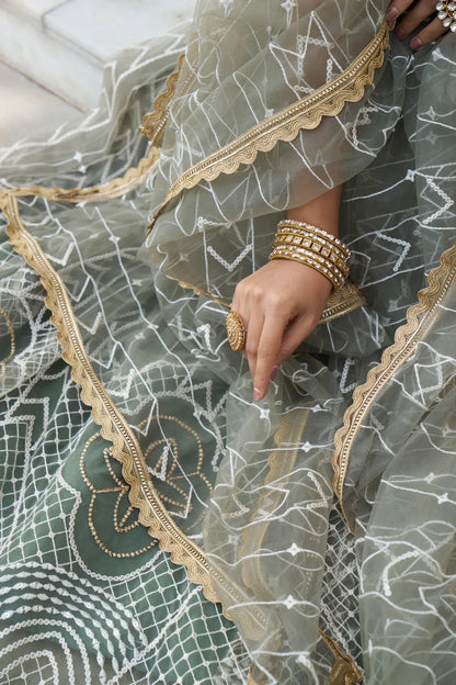 Dusty Green Net Lehenga Choli With Cotton Thread Work & Sequence Embroidery Work