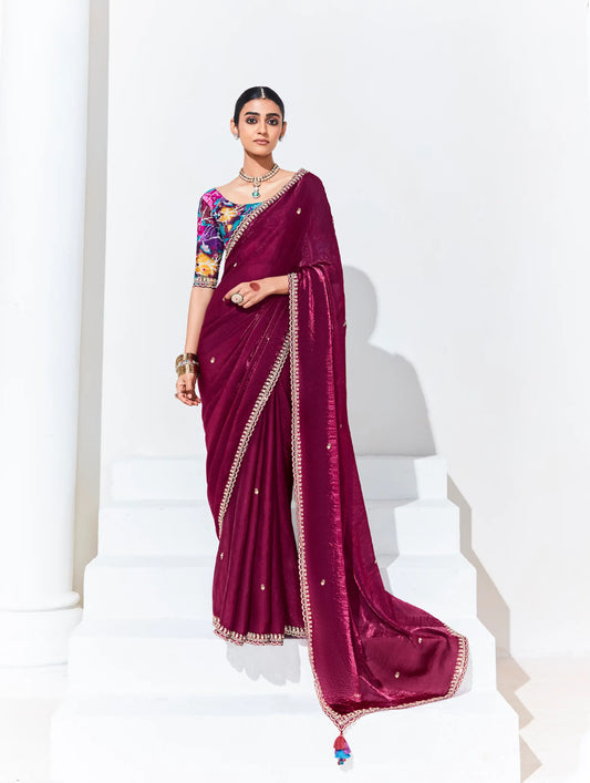 Wine Red Glass Organza Saree With Digital Print,  Sequence & Thread Embroidery Work