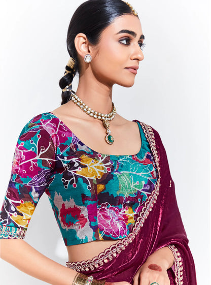 Wine Red Glass Organza Saree With Digital Print,  Sequence & Thread Embroidery Work