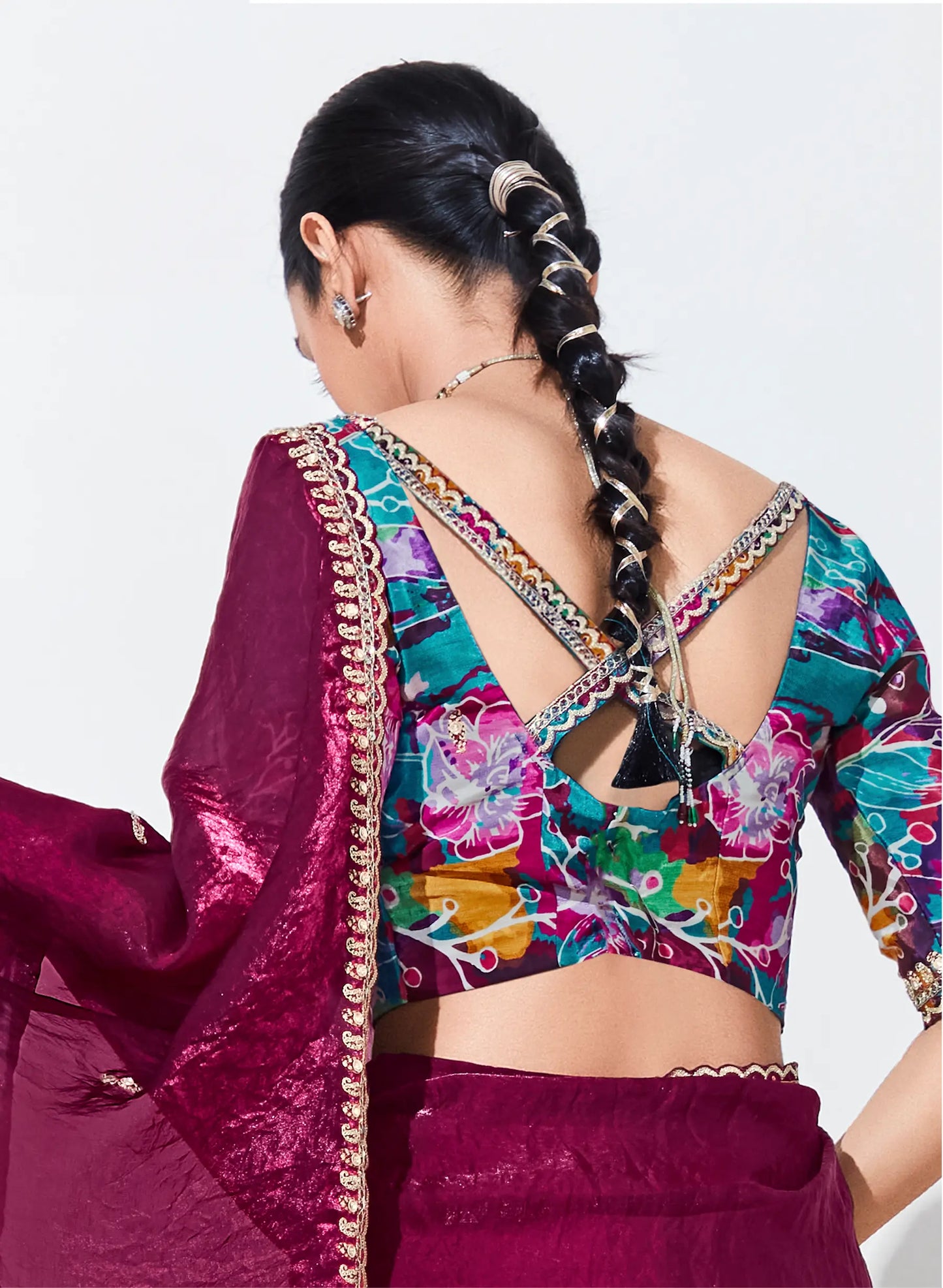 Wine Red Glass Organza Saree With Digital Print,  Sequence & Thread Embroidery Work