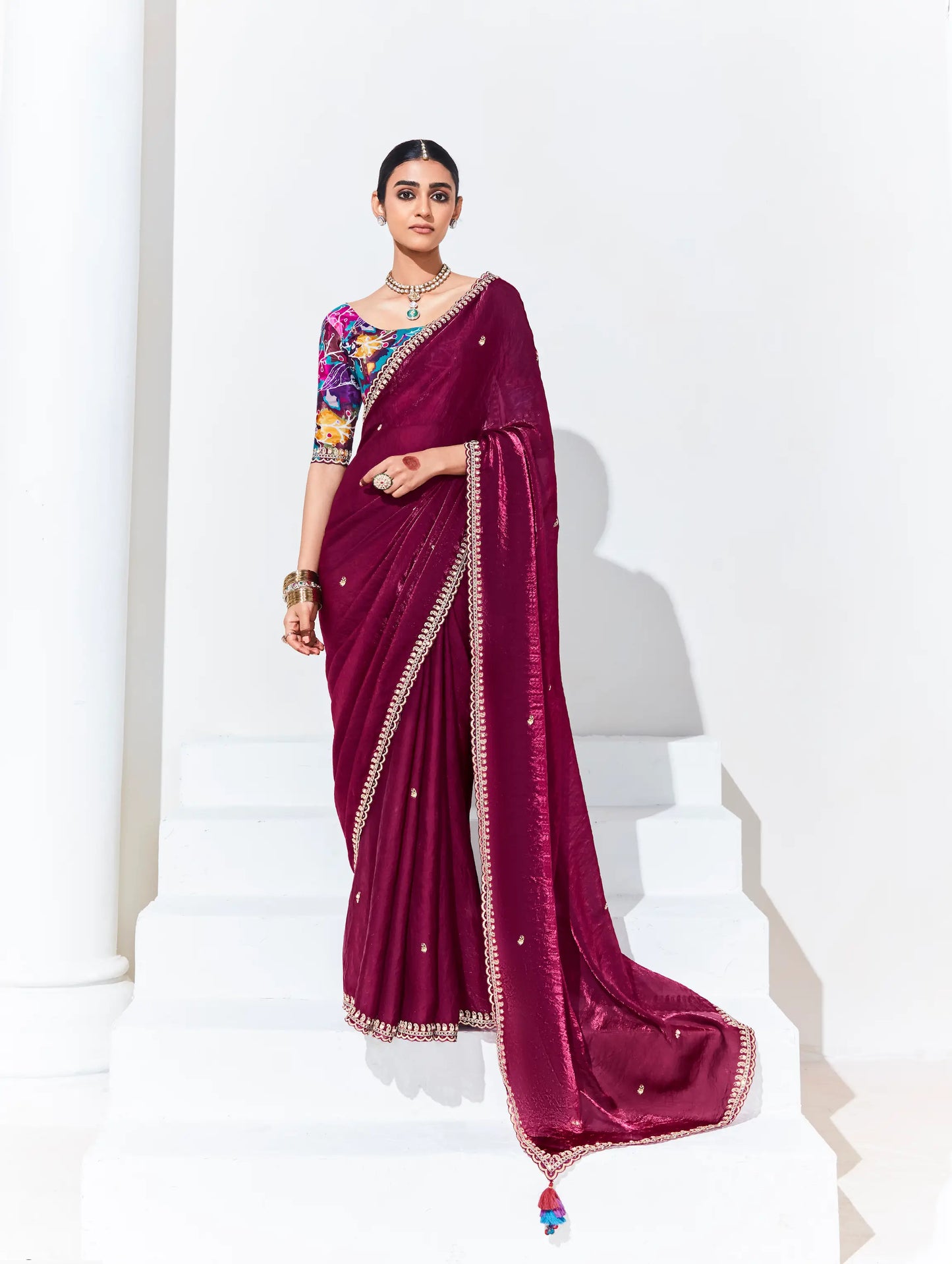 Wine Red Glass Organza Saree With Digital Print,  Sequence & Thread Embroidery Work