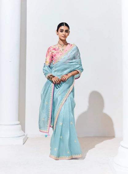Sky Blue Glass Organza Saree With Digital Print,  Sequence & Thread Embroidery Work