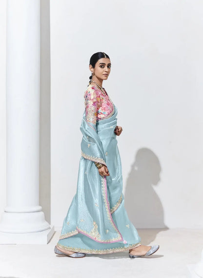 Sky Blue Glass Organza Saree With Digital Print,  Sequence & Thread Embroidery Work