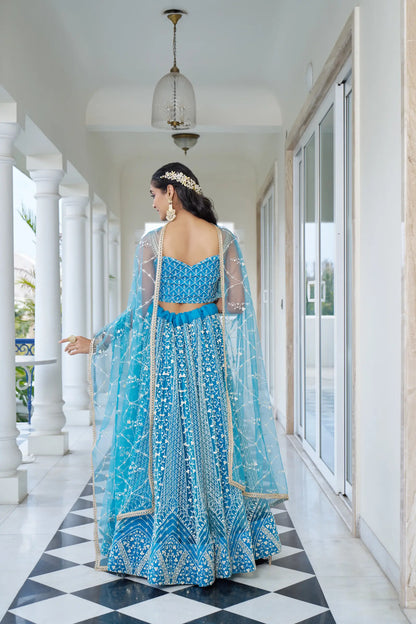 Pacific Blue Net Lehenga Choli With Cotton Thread Work & Sequence Embroidery Work