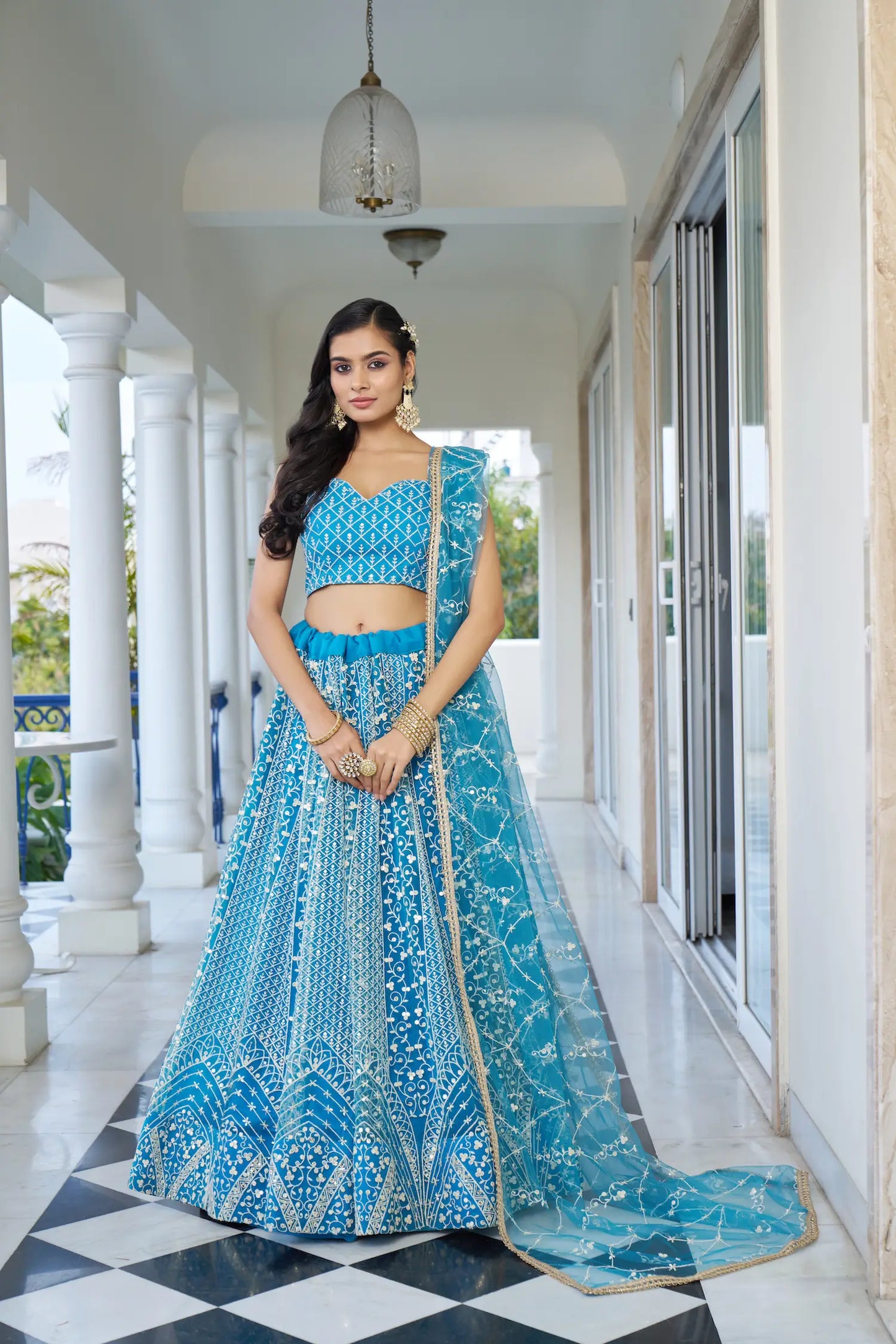 Pacific Blue Net Lehenga Choli With Cotton Thread Work & Sequence Embroidery Work