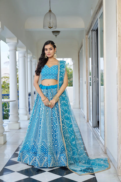 Pacific Blue Net Lehenga Choli With Cotton Thread Work & Sequence Embroidery Work