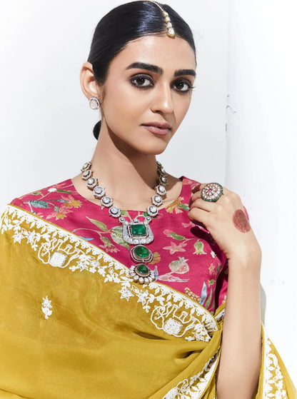 Yellow Glass Organza Saree With Digital Print,  Sequence & Thread Embroidery Work