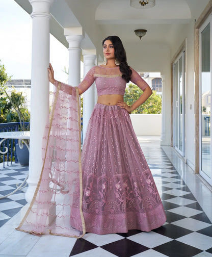 Dusty Pink Net Lehenga Choli With Cotton Thread Work & Sequence Embroidery Work