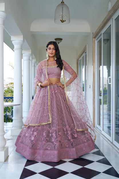 Dusty Pink Net Lehenga Choli With Cotton Thread Work & Sequence Embroidery Work