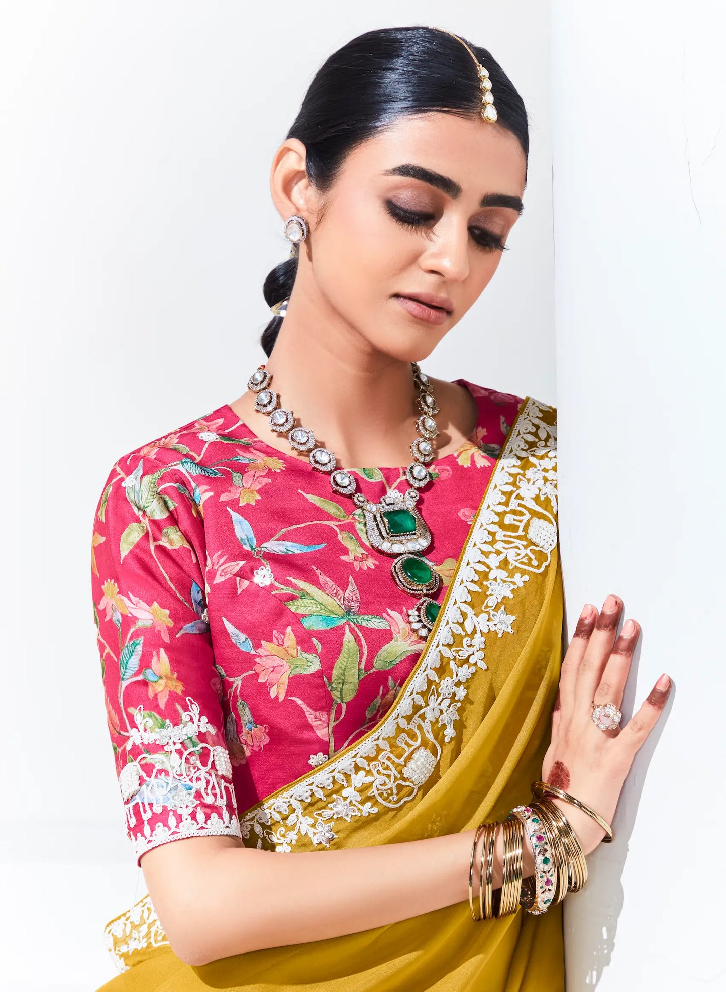 Yellow Glass Organza Saree With Digital Print,  Sequence & Thread Embroidery Work