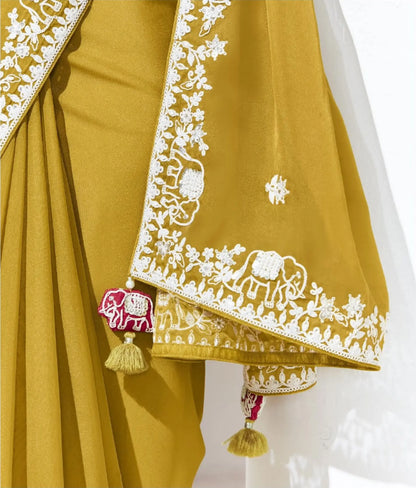 Yellow Glass Organza Saree With Digital Print,  Sequence & Thread Embroidery Work