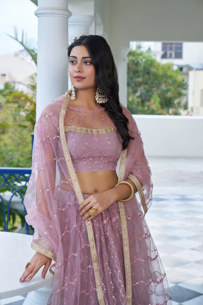 Dusty Pink Net Lehenga Choli With Cotton Thread Work & Sequence Embroidery Work
