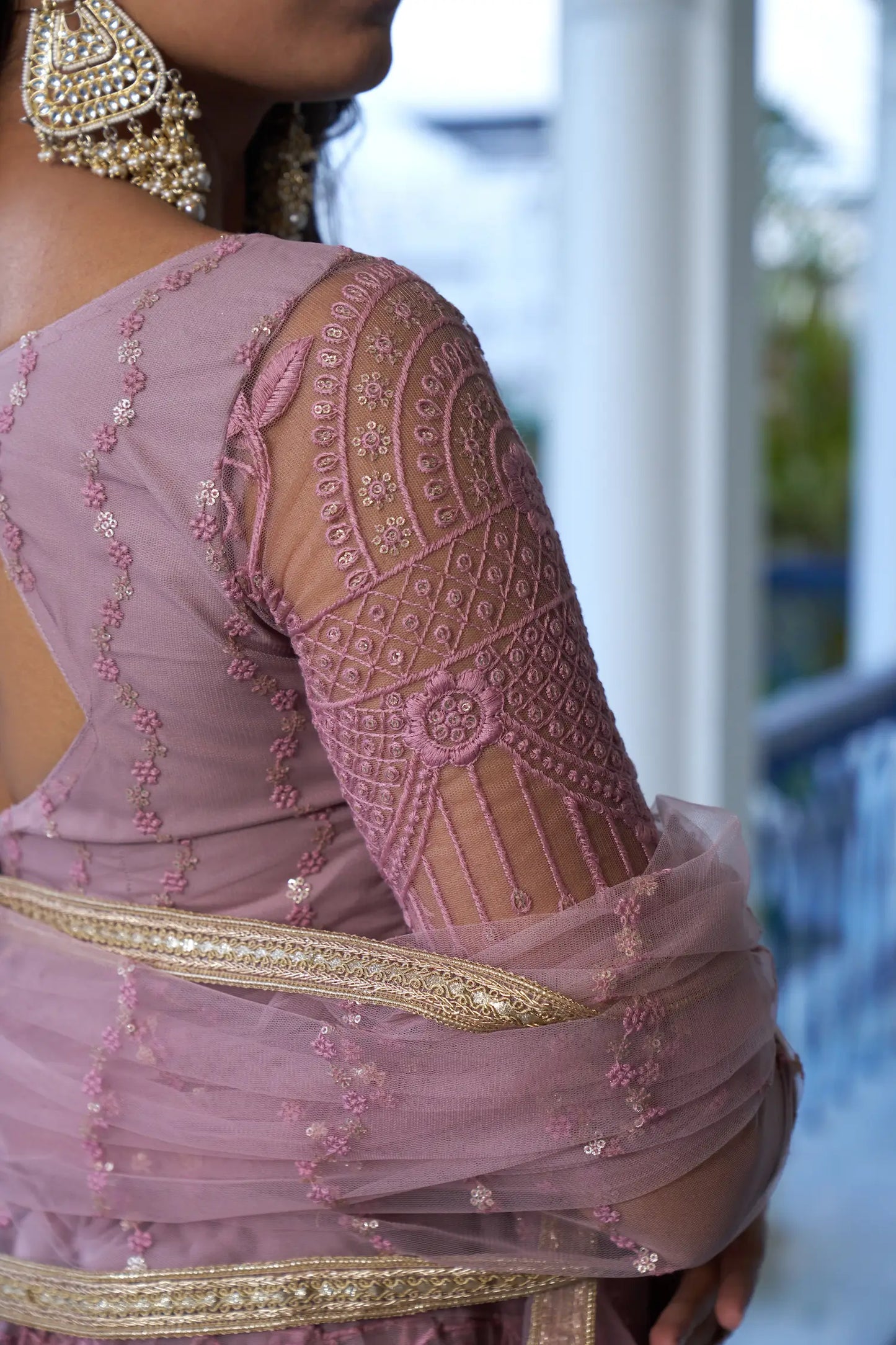 Dusty Pink Net Lehenga Choli With Cotton Thread Work & Sequence Embroidery Work