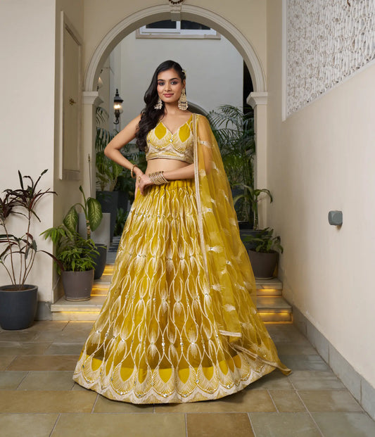 Mustard Net Lehenga Choli With Cotton Thread Work & Sequence Embroidery Work