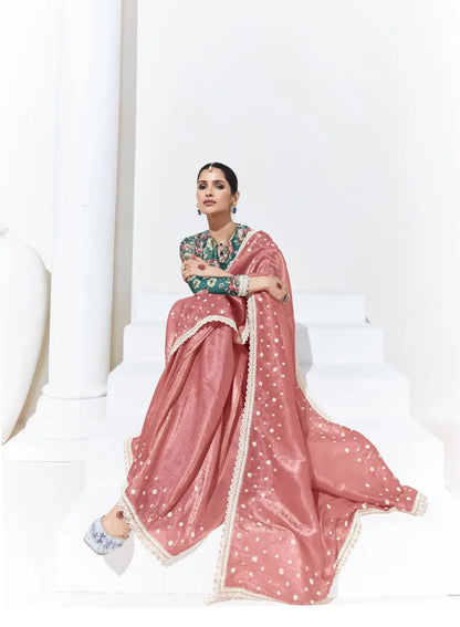 Peach Pink Glass Organza Saree With Digital Print,  Sequence & Thread Embroidery Work