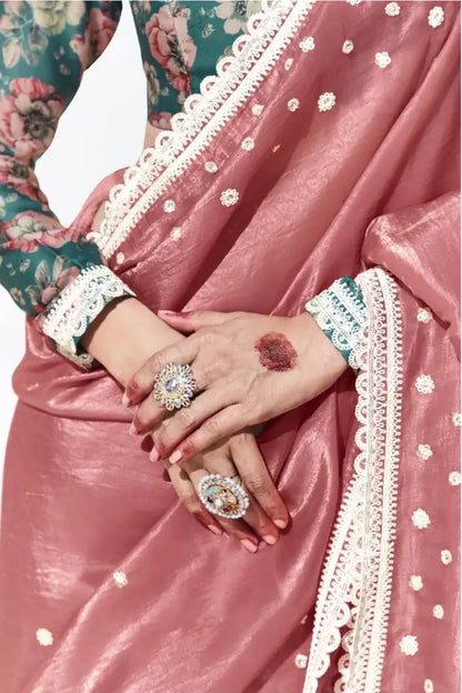 Peach Pink Glass Organza Saree With Digital Print,  Sequence & Thread Embroidery Work