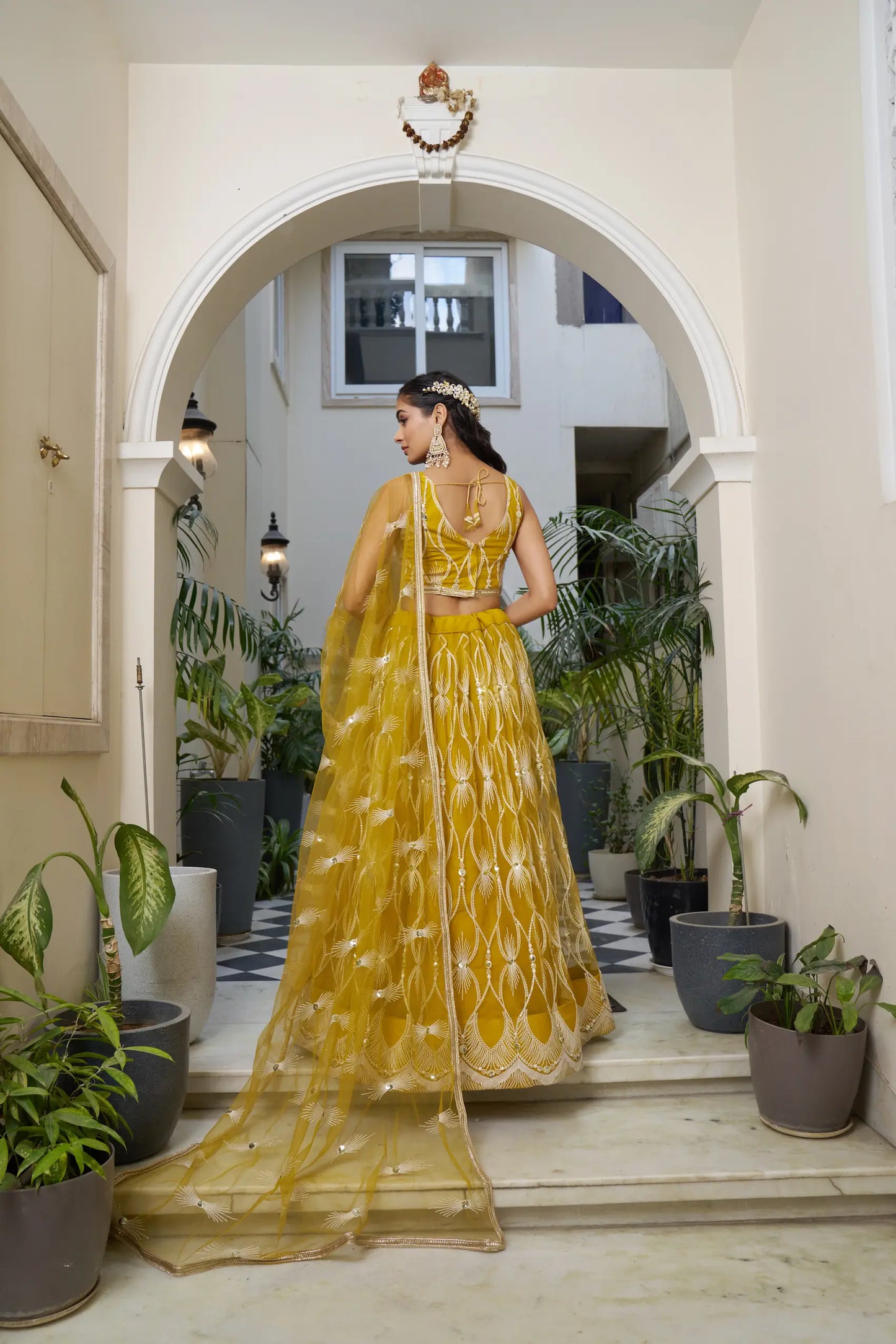 Mustard Net Lehenga Choli With Cotton Thread Work & Sequence Embroidery Work