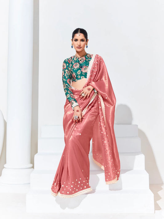 Peach Pink Glass Organza Saree With Digital Print,  Sequence & Thread Embroidery Work