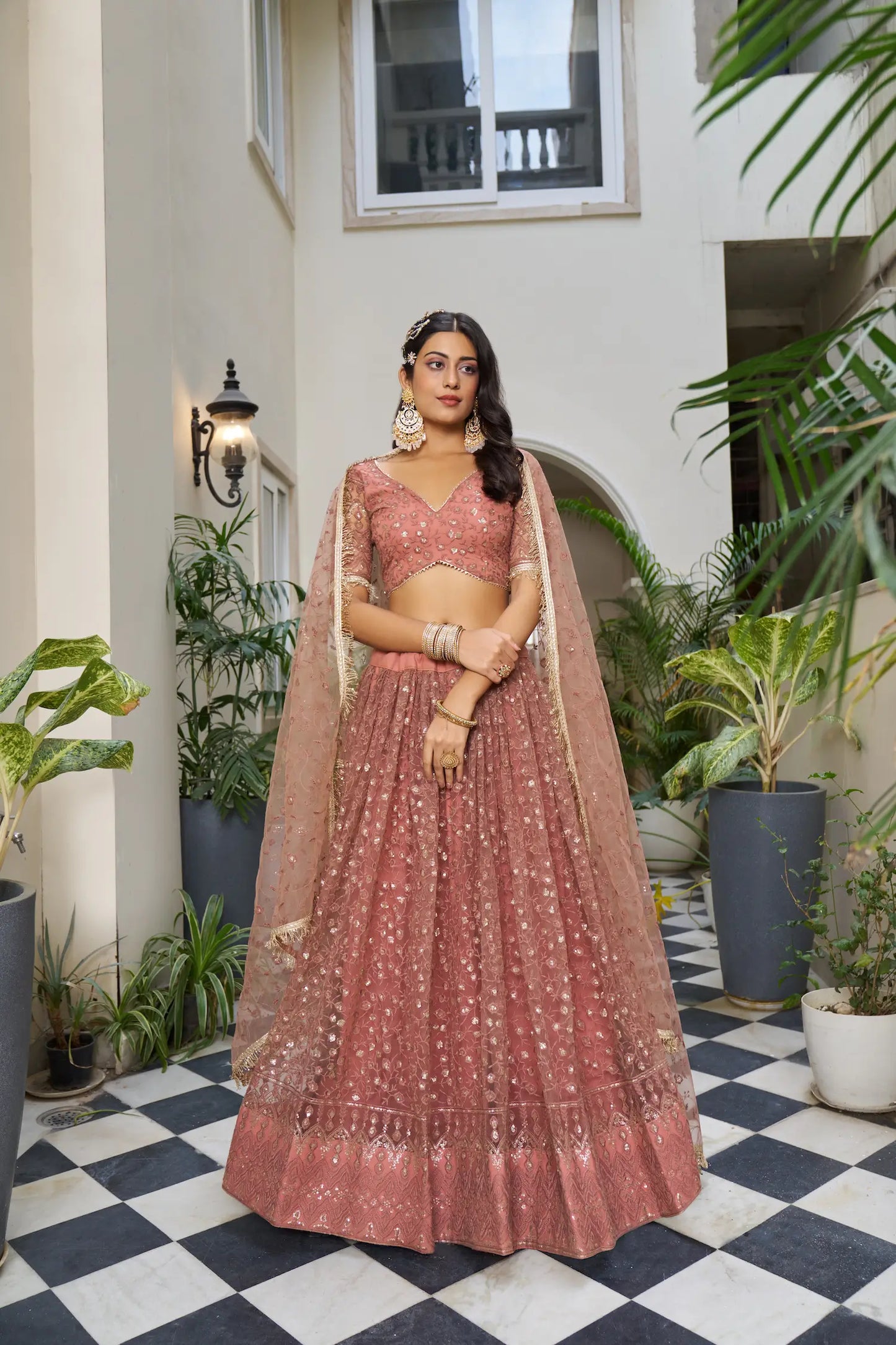 Rust Brown Net Lehenga Choli With Cotton Thread Work & Sequence Embroidery Work