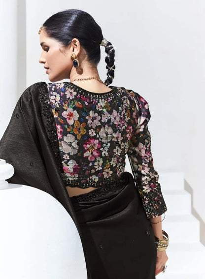 Black Glass Organza Saree With Digital Print,  Sequence & Thread Embroidery Work